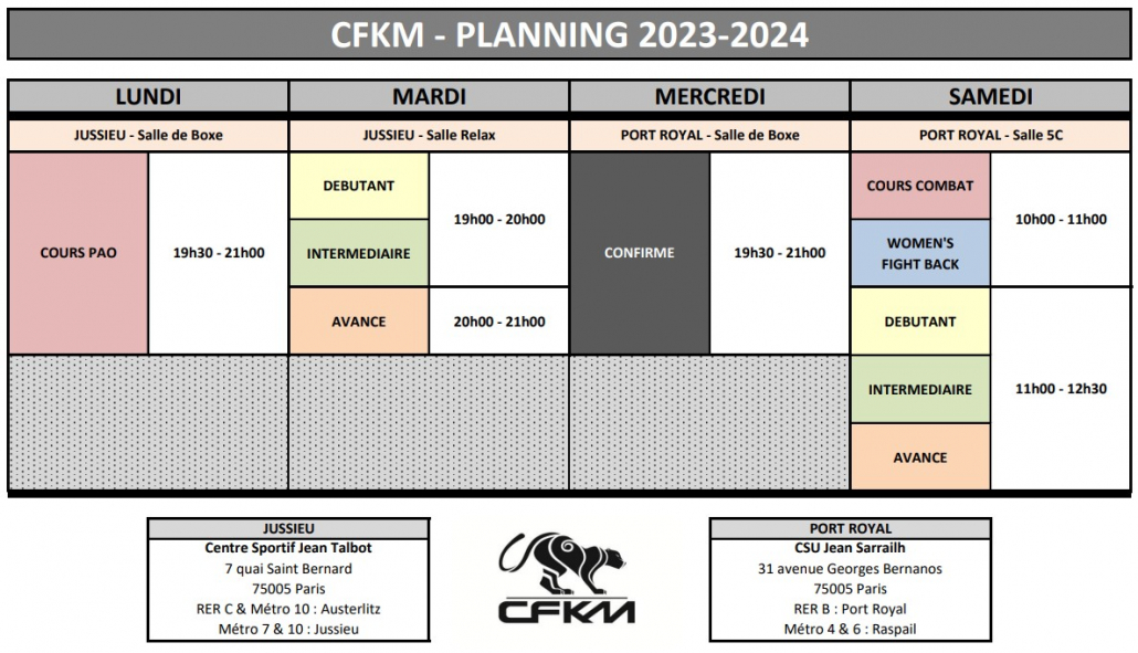 Planning des cours du CFKM saison 2023-2024