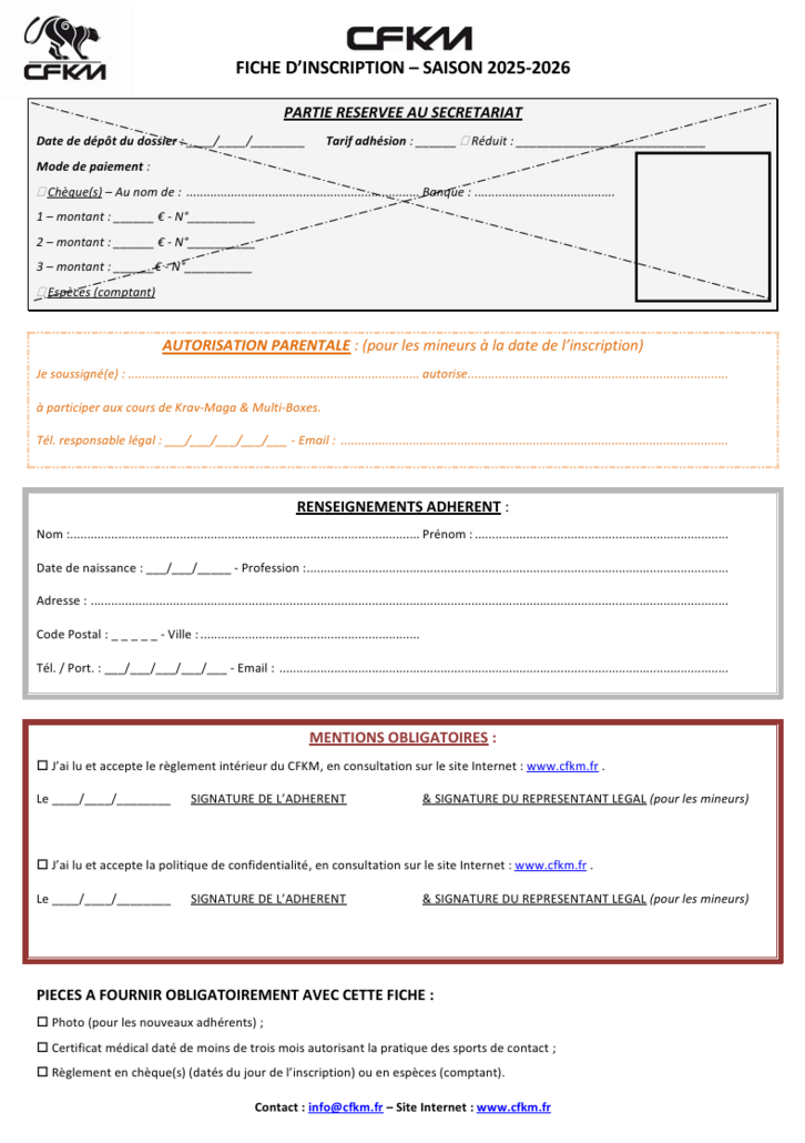 CFKM - FICHE D'INSCRIPTION 2025-2026